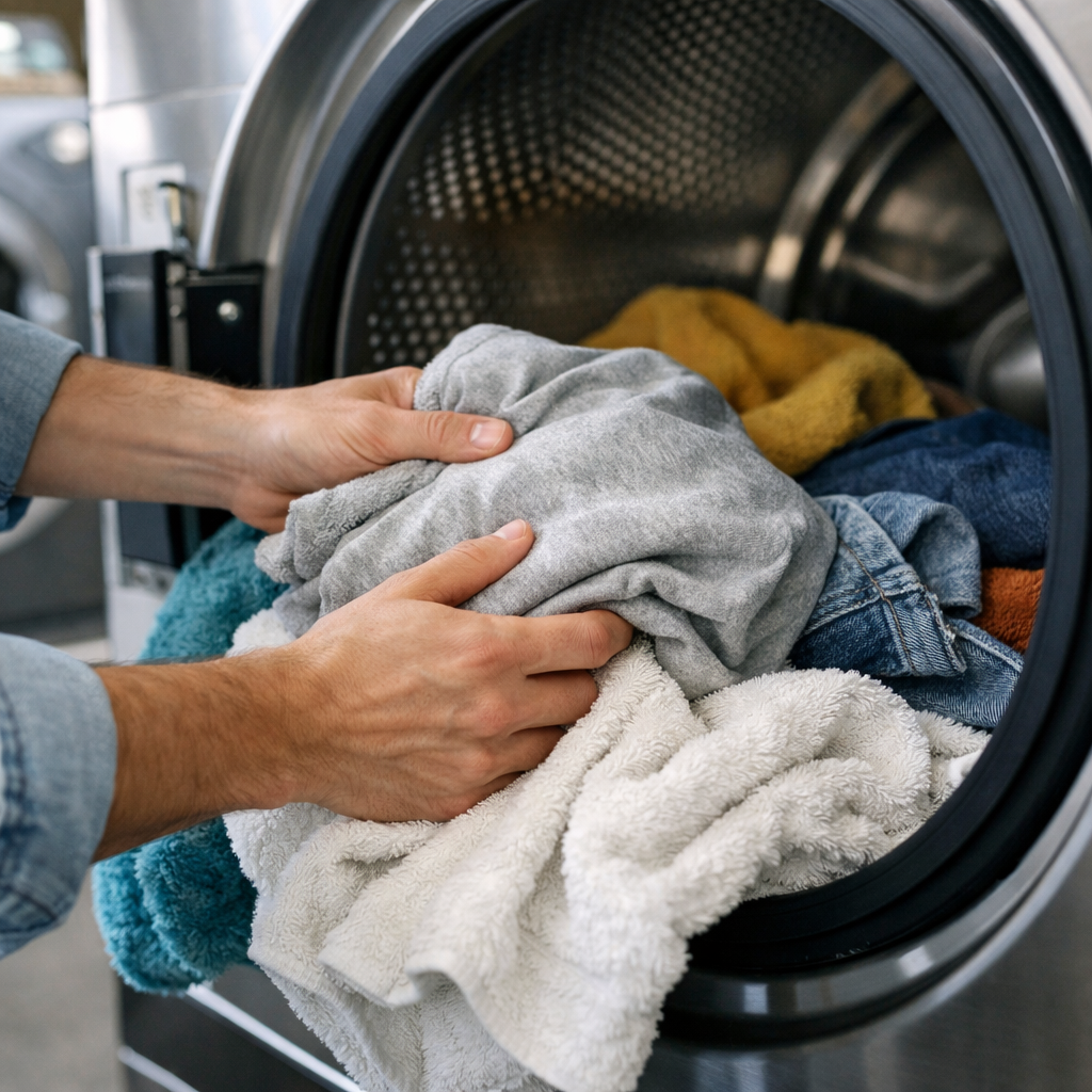 Persona eligiendo lavadora en lavandería autoservicio moderna