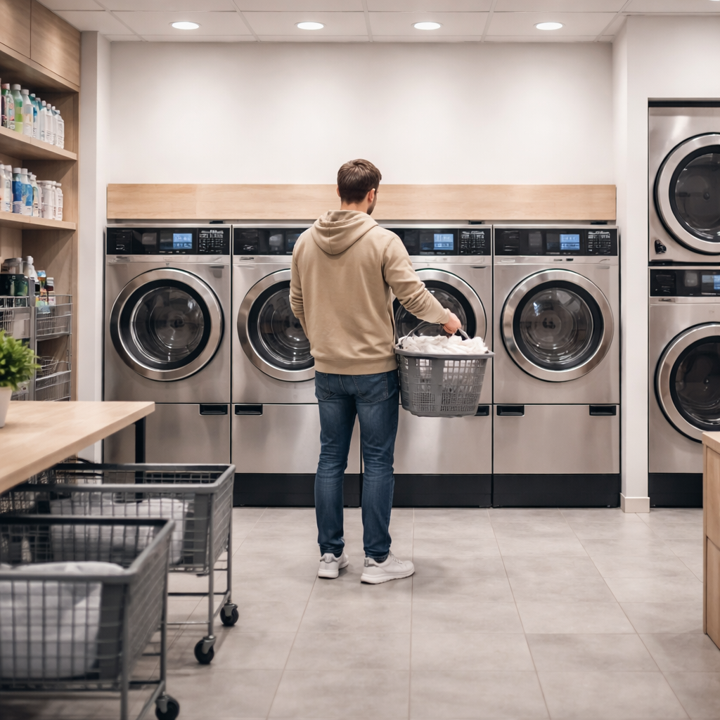 Introducir la ropa en una lavadora profesional de autoservicio