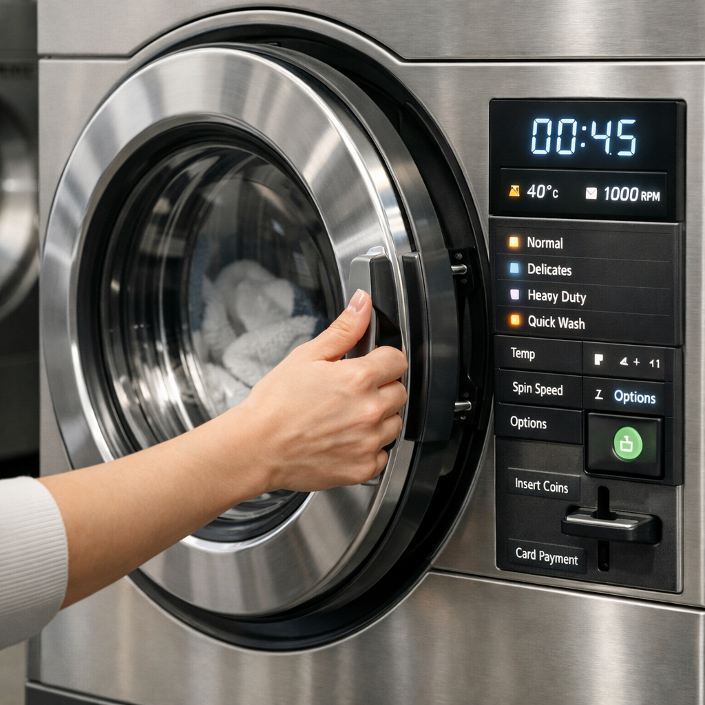 Detalle de lavadora autoservicio en funcionamiento