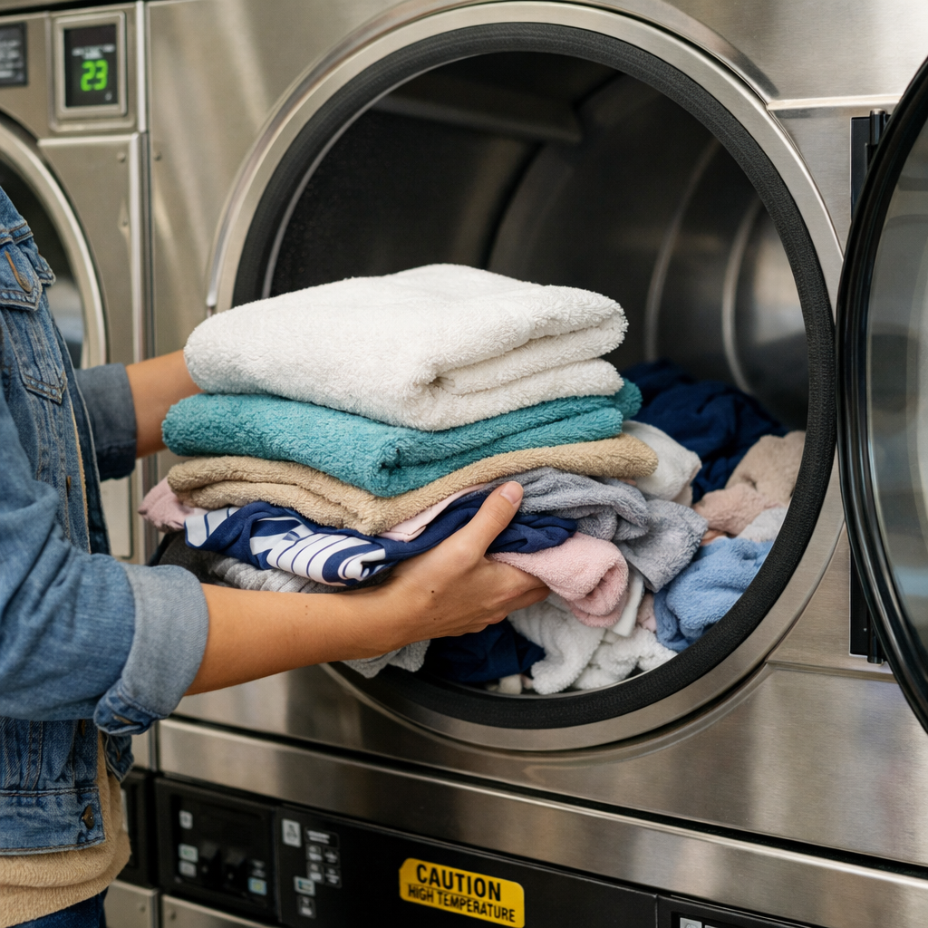 Ropa limpia y seca tras el lavado en lavandería autoservicio